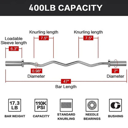 奥林匹克弯举杠铃，47 英寸 EZ 弯举杠铃，400 磅重量容量举重杠铃，适用于力量训练、二头肌弯举和三头肌伸展