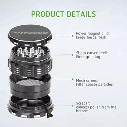 VIVOSUN 2.5" inch Herb Grinder, 4-Layer Aluminum Spice Grinder with Magnetic Lid, Mesh Screen for Home, Kitchen, Spices, Herbs - 03