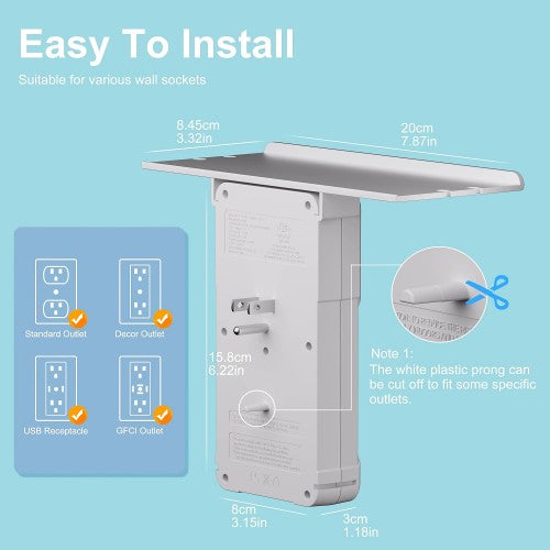 9-in-1 Wall Outlet Extender, 6 AC Outlets, 2 USB Ports, Night Light & Shelf for Home, Office - WSS-605