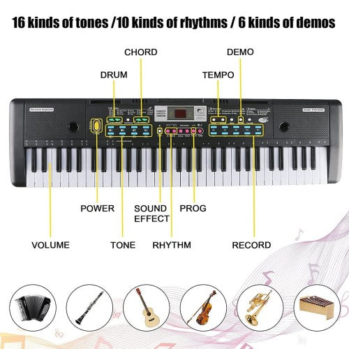 电子键盘，61 键钢琴键盘，带麦克风，适合儿童、初学者的教育音乐玩具