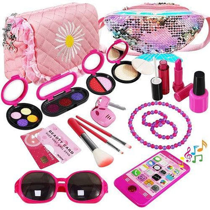 22PC Pretend Roleplay Makeup Kit with 2 Cosmetic Bags, Phone, Eyeshadow, Blush, Lipstick, Sunglasses for Children Kids