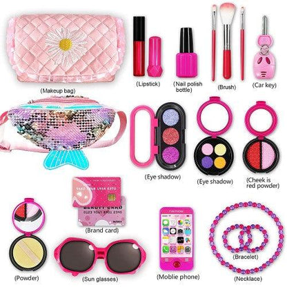 22PC Pretend Roleplay Makeup Kit with 2 Cosmetic Bags, Phone, Eyeshadow, Blush, Lipstick, Sunglasses for Children Kids