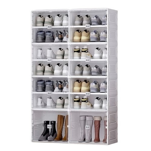 Portable Shoe Box, 8 Tier 28 Pairs, Portable Shoe Organizers Storage Boxes with Magnetic Door, Easy Assembly