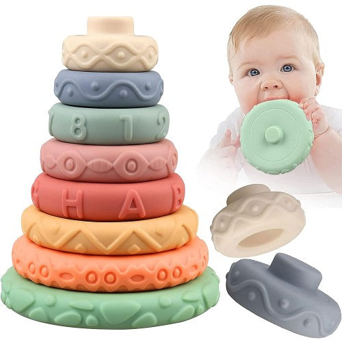 8 PCS Stacking Rings, Soft Sensory Educational Baby Blocks for Developmental Learning, Teething for Babies 6 Months and Up