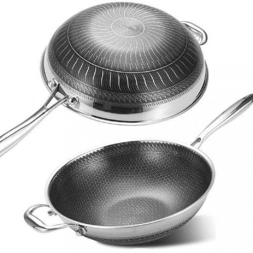 Multi-layer 12'' Stainless Steel Non-Stick Cooking Wok Cookware Frying Pan with Standable Long Handle