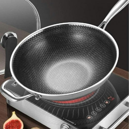 Multi-layer 12'' Stainless Steel Non-Stick Cooking Wok Cookware Frying Pan with Standable Long Handle