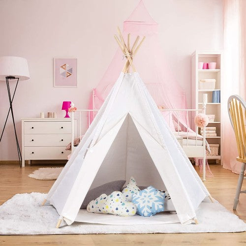 Kids Teepee Tent, 47"D x 65"H Natural Cotton Canvas Tent with 5 Wooden Poles, Carry Bag for Kids Indoor Outdoor Play