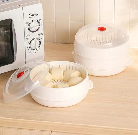 Microwave Oven Steamer Food Container with Lid Plastic Cookware for Steamed Buns