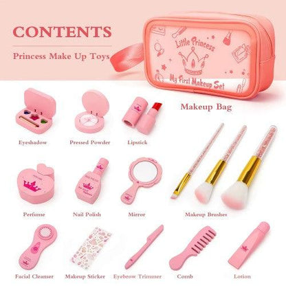 15PC Children Kids Princess Wooden Makeup Kit Pretend Play Roleplaying Set with Carry Bag