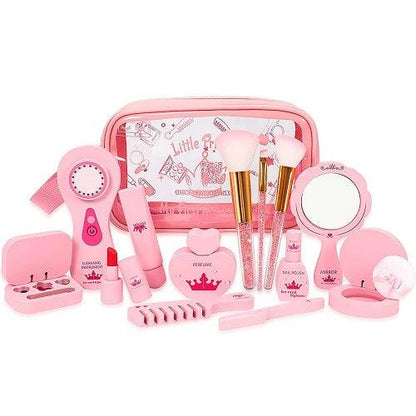 15PC Children Kids Princess Wooden Makeup Kit Pretend Play Roleplaying Set with Carry Bag