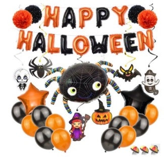 Style A complete kit contents diagram - ghost pumpkin foil balloon, spiral, banner, photo props, latex balloons, tassels