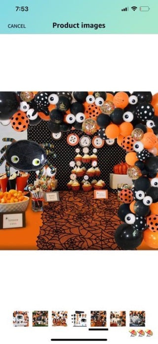 Halloween photo booth setup - 25pcs photo props, balloon backdrop, orange black color scheme