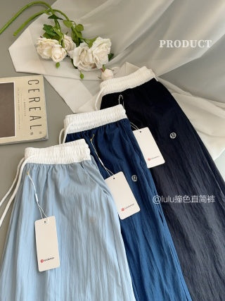 Color-block pants navy blue styling