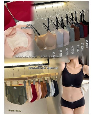 Multiple seamless bra sets stacked in various colors - cream, sage, blue, burgundy, terracotta