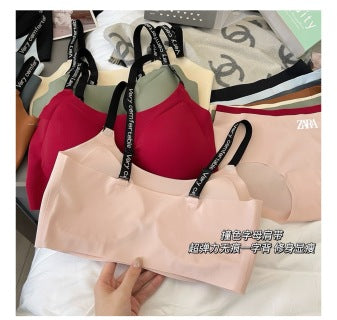 Burgundy and pink bra sets showing wide letter-print straps and seamless fabric detail