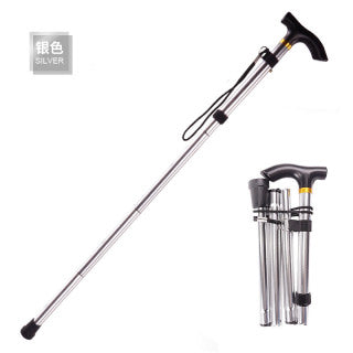 Silver trekking pole full product shot - extended and folded with elastic band, premium finish