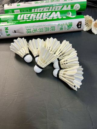 4 shuttlecocks on white surface with toy - showing white goose feather and cork base