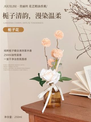 Full set contents: diffuser bottle, rattan reed sticks, faux floral arrangement