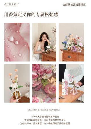 GUILISI Shangri-La reed diffuser - blue flowers and rose in glass bottle on dresser