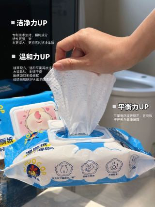 Three product benefits: thicker spunlace fabric, softer texture, more skin-friendly than dry paper