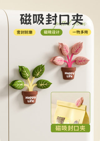 4 use cases grid - fruit bag seal, flour bag seal, bread bag seal, snack bag seal with leaf clips