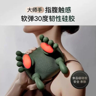 Massager on belt/waist - showing multi-body use on lower back, wireless and portable design
