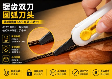 FUJINO cutter in hand cutting cardboard - showing grip and blade extension