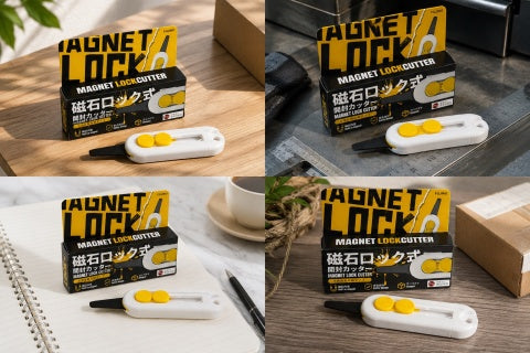 Feature icons: magnetic storage, auto-lock, compact portable, serrated blade, multi-use