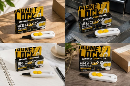 Feature icons: magnetic storage, auto-lock, compact portable, serrated blade, multi-use