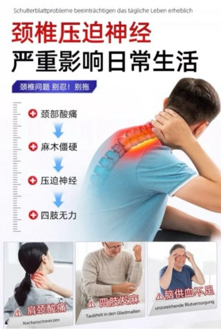 Neck problems warning infographic - cervical stiffness, tinnitus, cervical protrusion - do not ignore