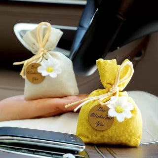 Gardenia scented sachet bag - white gardenia flowers background with linen pouch and wooden charm