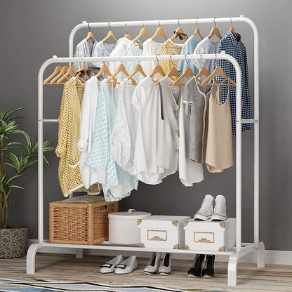 Durable Steel Clothing Rack with Double Rods, Bottom Storage Shelf, and Side Rails