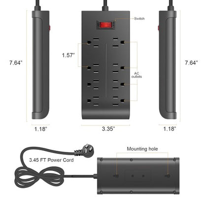 2 件装防浪涌电源板，带 1.5 米电源线、8 个交流电源插座、扁平插头，适用于家庭、办公室、宿舍，壁挂式 - U8