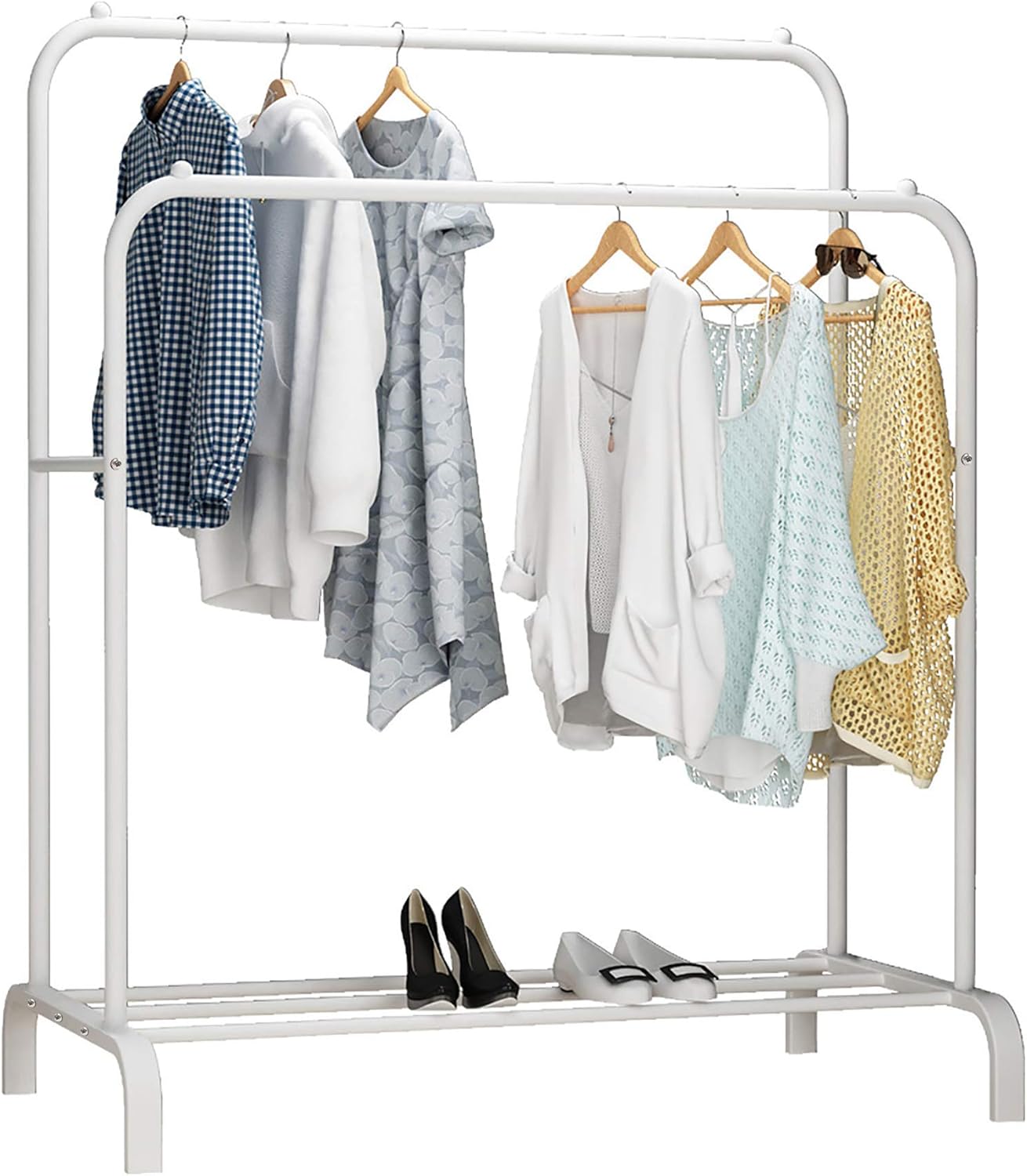 Durable Steel Clothing Rack with Double Rods, Bottom Storage Shelf, and Side Rails