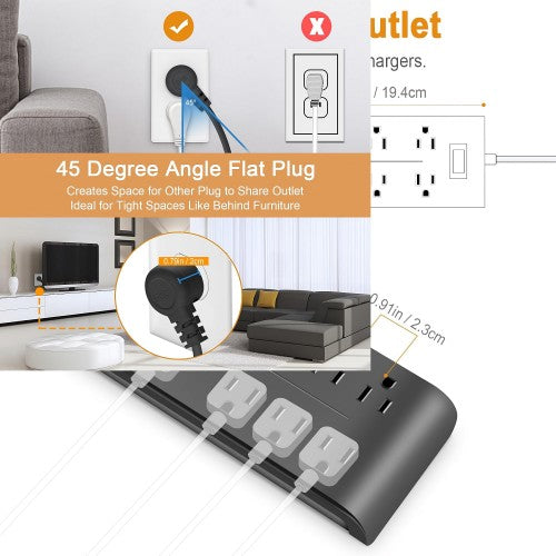2 件装防浪涌电源板，带 1.5 米电源线、8 个交流电源插座、扁平插头，适用于家庭、办公室、宿舍，壁挂式 - U8