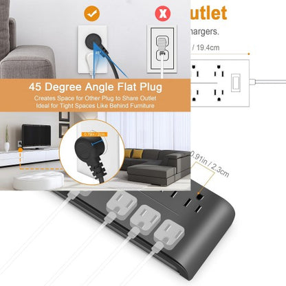 2 件装防浪涌电源板，带 1.5 米电源线、8 个交流电源插座、扁平插头，适用于家庭、办公室、宿舍，壁挂式 - U8
