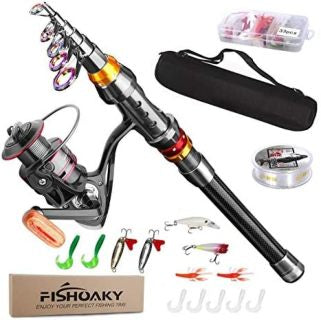 FISHOAKY Telescopic Fishing Rod, Carbon Fiber and Reel Combo Spinning Rod with Spool Line Lures Hooks for Kids and Adults | Saltwater &Freshwater