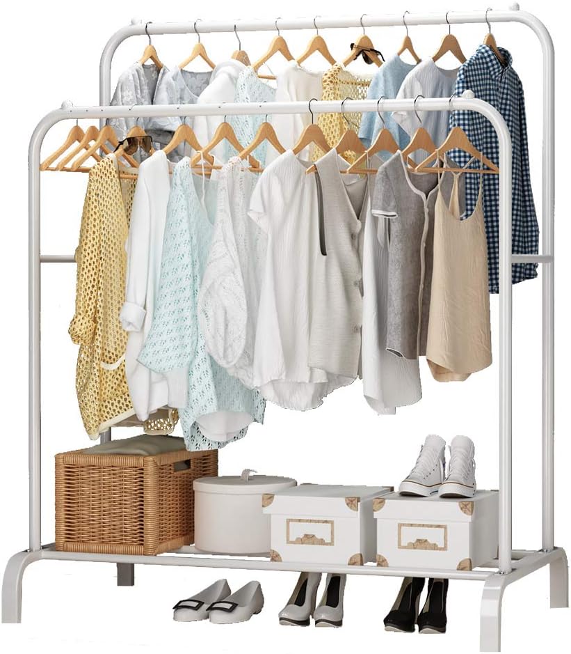 Durable Steel Clothing Rack with Double Rods, Bottom Storage Shelf, and Side Rails