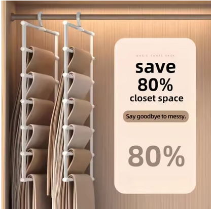 Folding pants rack unfolded showing multiple hanging layers